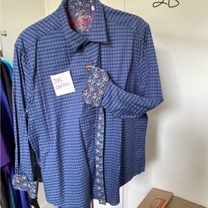 Robert Graham Navy Checkered Shirt with Floral Accents